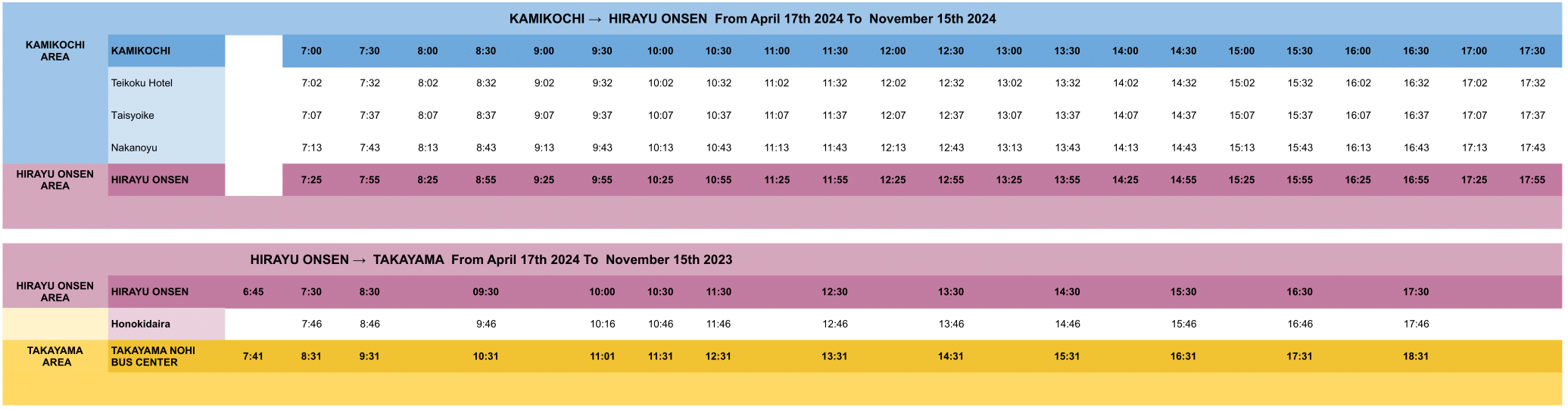 Local-Bus-Timetable-From-Kamikochi-Hirayu-onsen-to-Takayama